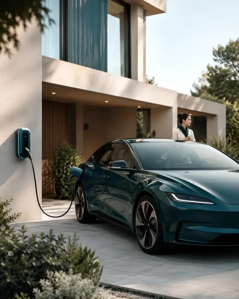 Moderne elektrische auto in teal kleur aan een laadpunt bij een stijlvolle woning