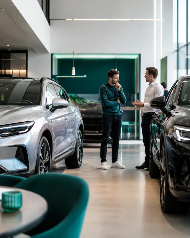 Twee mannen bespreken auto-opties in een moderne showroom tussen nieuwe SUV’s