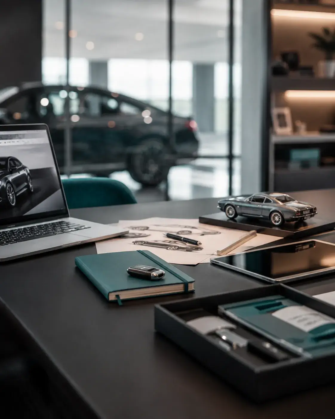 Stijlvolle werkplek met laptop, autoschetsen, modelauto en autosleutel in een moderne automotive studio