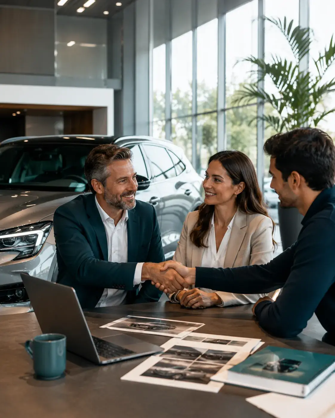 Professionals schudden elkaar de hand in een moderne autoshowroom tijdens een samenwerkingsoverleg bij Auto Benelux