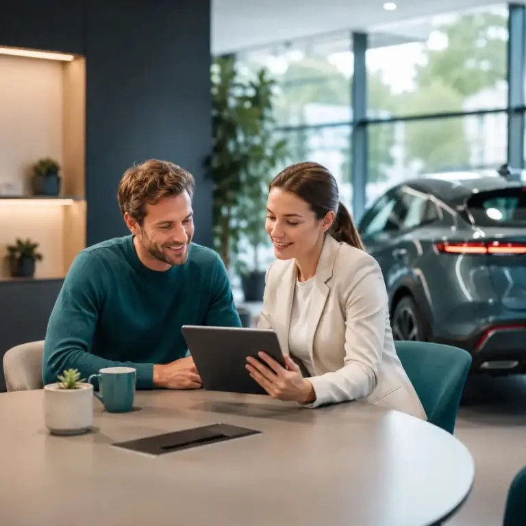 Bezoeker krijgt persoonlijk advies over auto’s en mobiliteit tijdens een gesprek in een moderne showroom