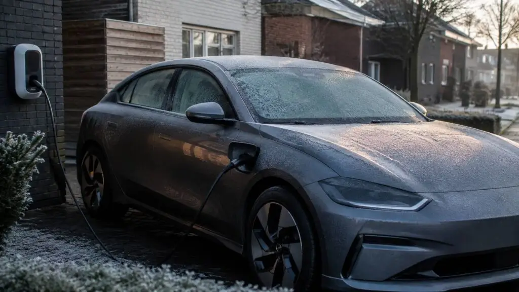 Elektrische auto opladen in de winter bij een laadpaal op een koude ochtend