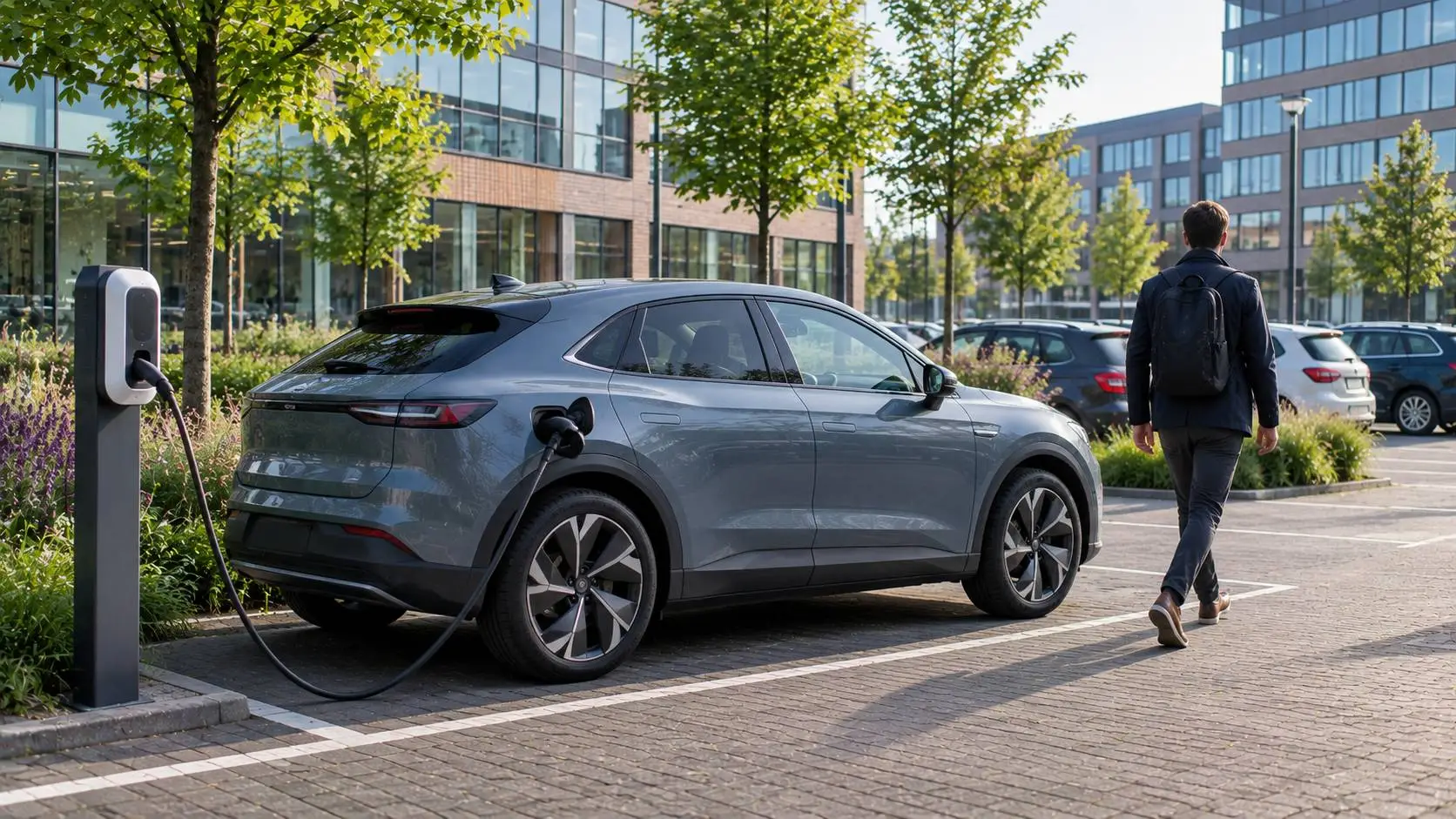 Elektrische auto opladen aan een laadpunt tijdens dagelijks gebruik
