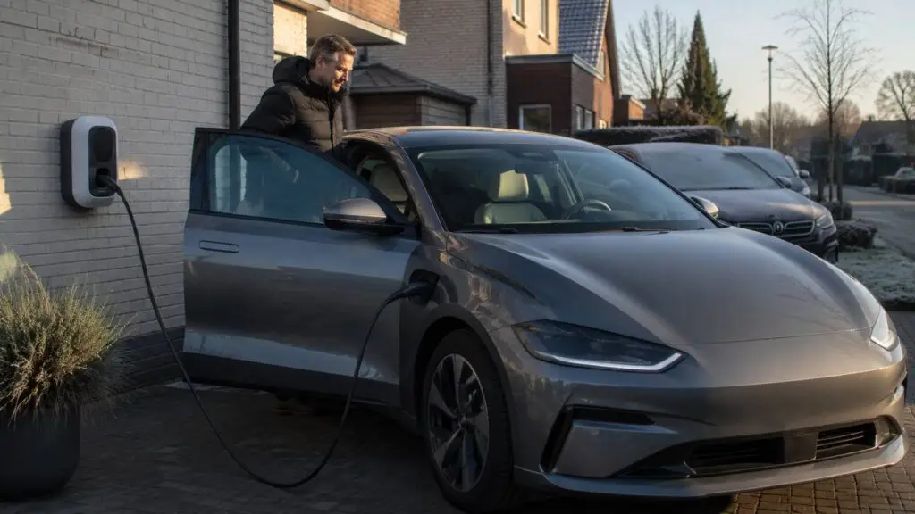 Elektrische auto voorverwarmen aan de laadpaal tijdens een koude winterochtend
