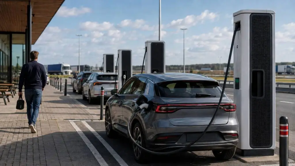 Elektrische auto snelladen tijdens een korte stop onderweg