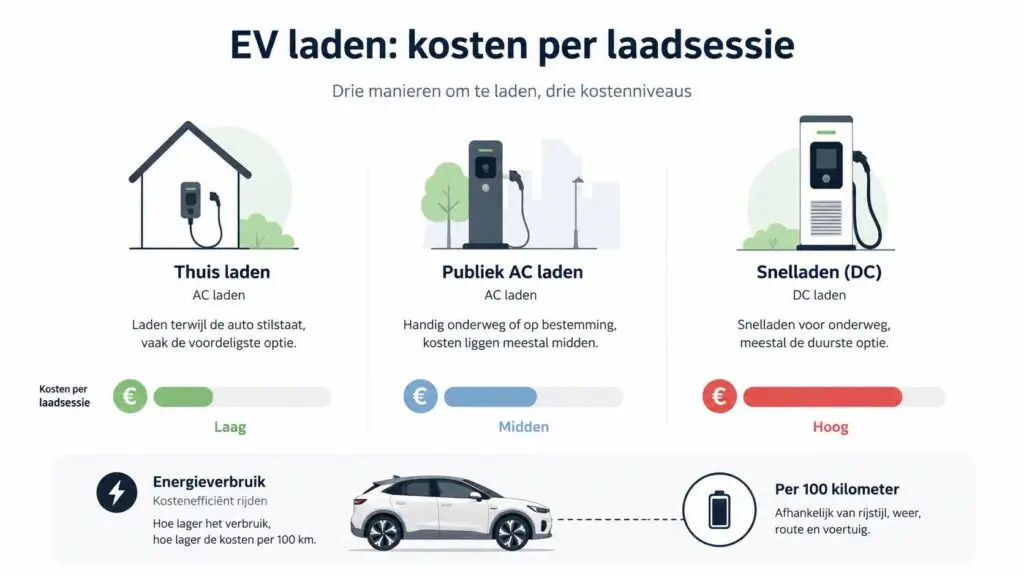 Vergelijking van laadkosten elektrische auto bij thuisladen, openbaar laden en snelladen