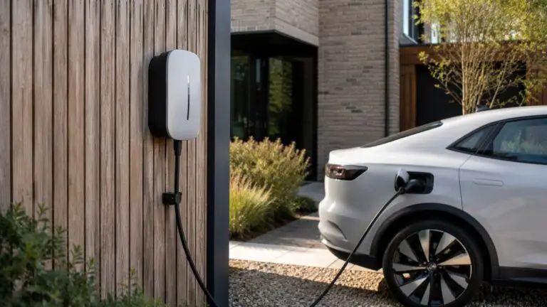 Laadpaal thuis aan de gevel naast een elektrische auto