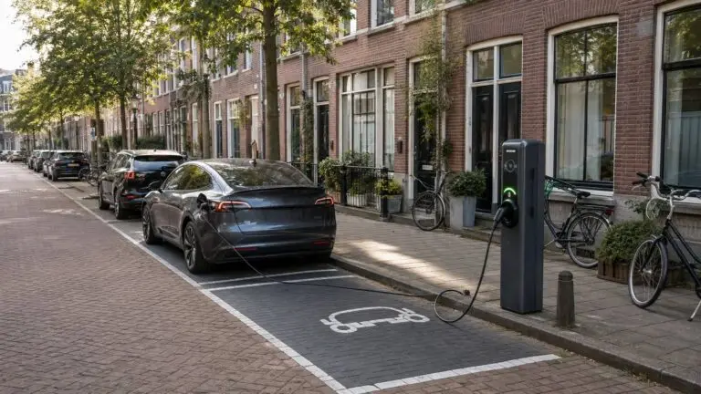 Openbare laadpalen langs een woonstraat in Nederland