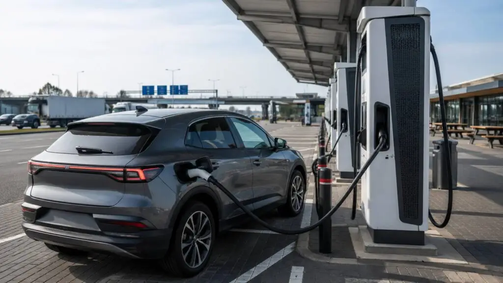 Snelladen elektrische auto bij een snellader langs de snelweg